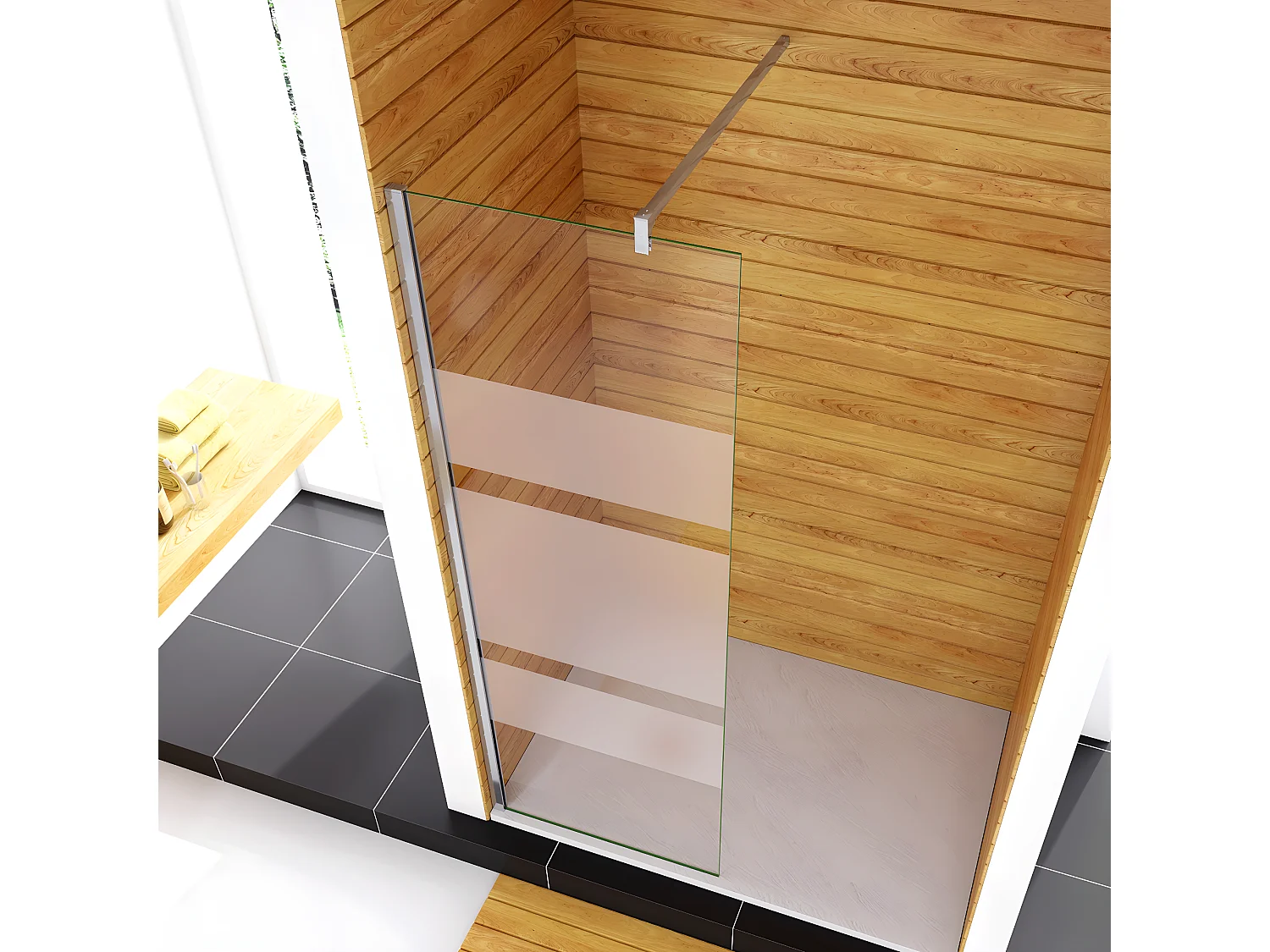 Box Doccia Walk In 80x190cm Parete Fissa in Vetro Temperato 6mm Anticalcare Multi Fasce Satinate Opache con Barra Stabilizzatrice 140cm Cromo Lucido