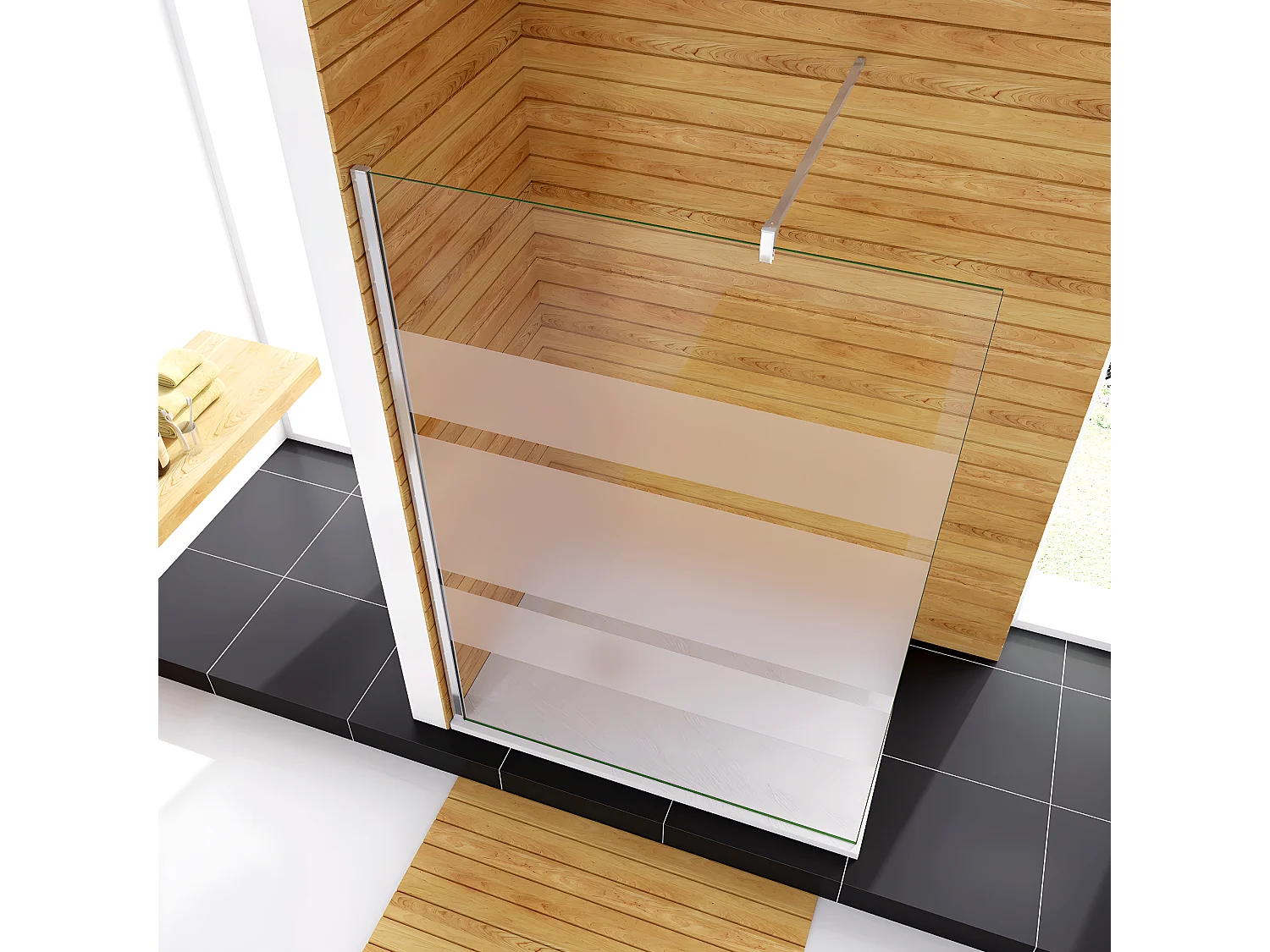 Box Doccia Walk In 80x190cm Parete Fissa in Vetro Temperato 6mm Anticalcare Multi Fasce Satinate Opache con Barra Stabilizzatrice 90cm Cromo Lucido