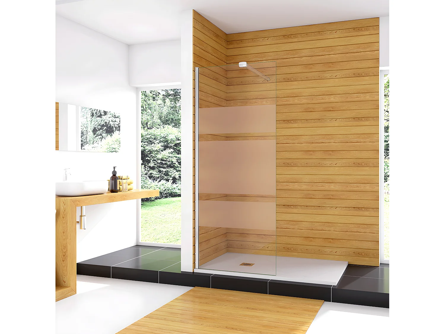 Box Doccia Walk In 120x190cm Parete Fissa in Vetro Temperato 6 mm Anticalcare Multi Fasce Satinate Opache con Barra Stabilizzatrice 90cm Cromo Lucido