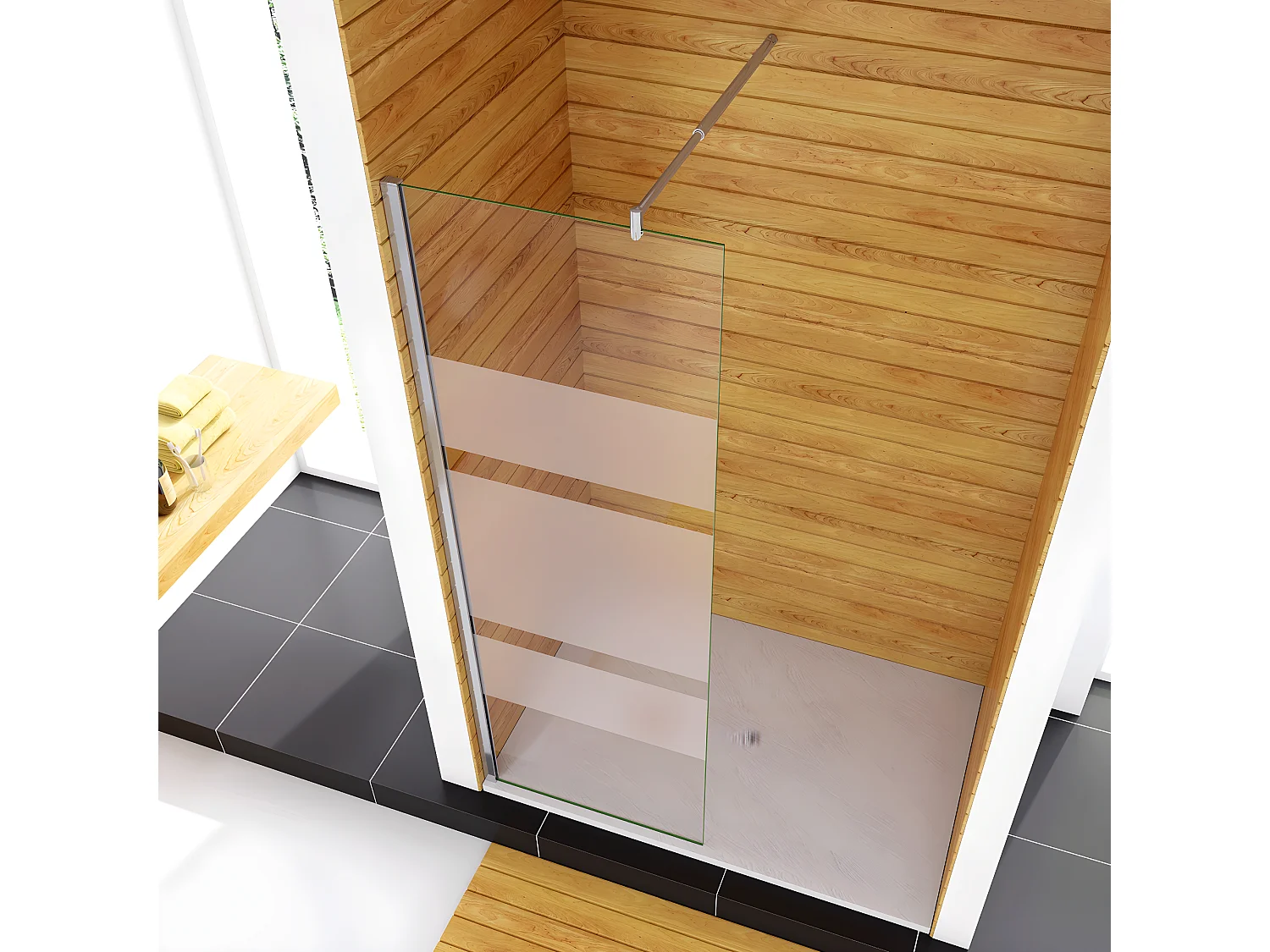 Box Doccia Walk In 120x190cm Parete Fissa in Vetro Temperato 6mm Anticalcare Multi Fasce Satinate Opache con Barra Stabilizzatrice 70-120cm Cromato