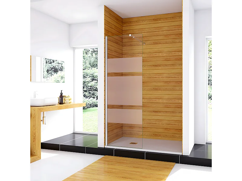 Box Doccia Walk In 80x190cm Parete Fissa in Vetro Temperato 6mm Anticalcare Multi Fasce Satinate Opache con Barra Stabilizzatrice 73-120cm Cromato