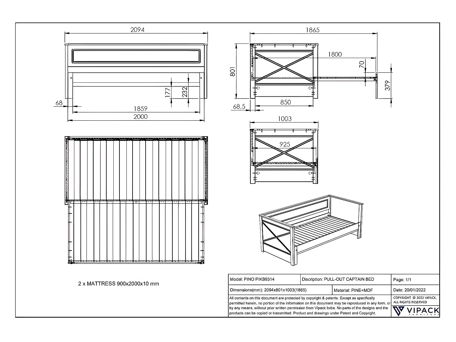 Lit Enfant SCOTT KSB005 100x209x81 Blanc