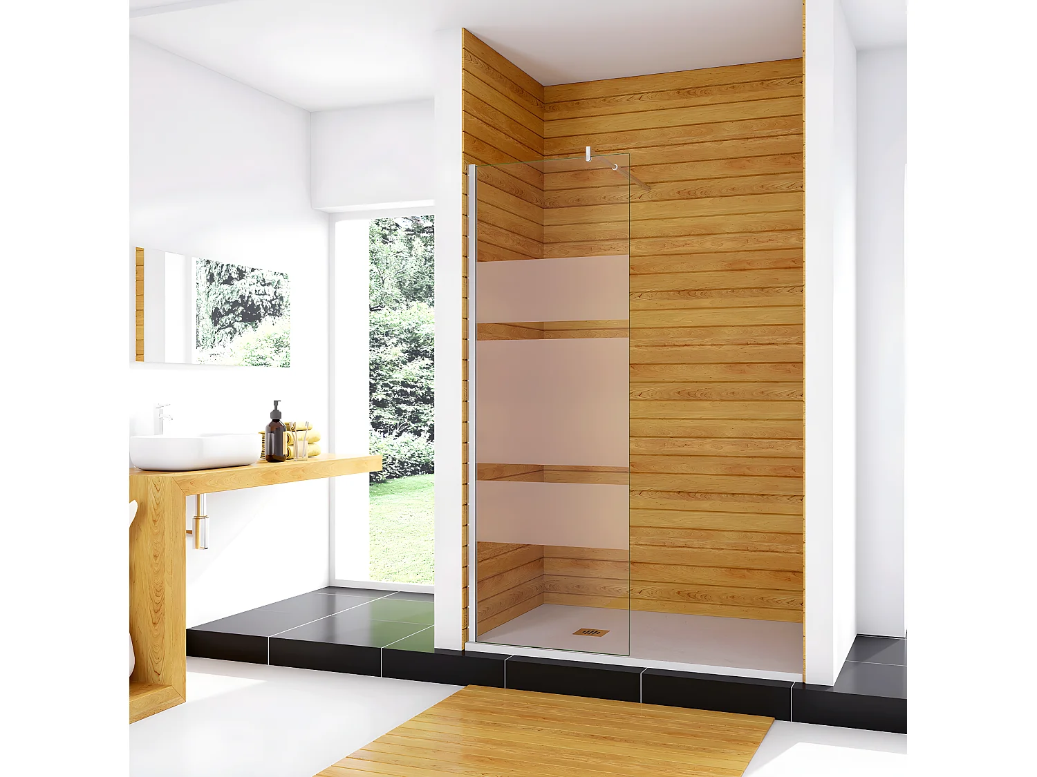 Box Doccia Walk In 70x190cm Parete Fissa in Vetro Temperato 6mm Anticalcare Multi Fasce Satinate Opache con Barra Stabilizzatrice 70-120cm Cromato