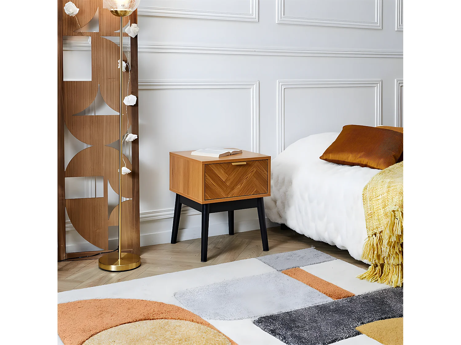 SIXTYS - Chevet 1 Tiroir Aspect Bois Décor Chevrons Piétement Noir