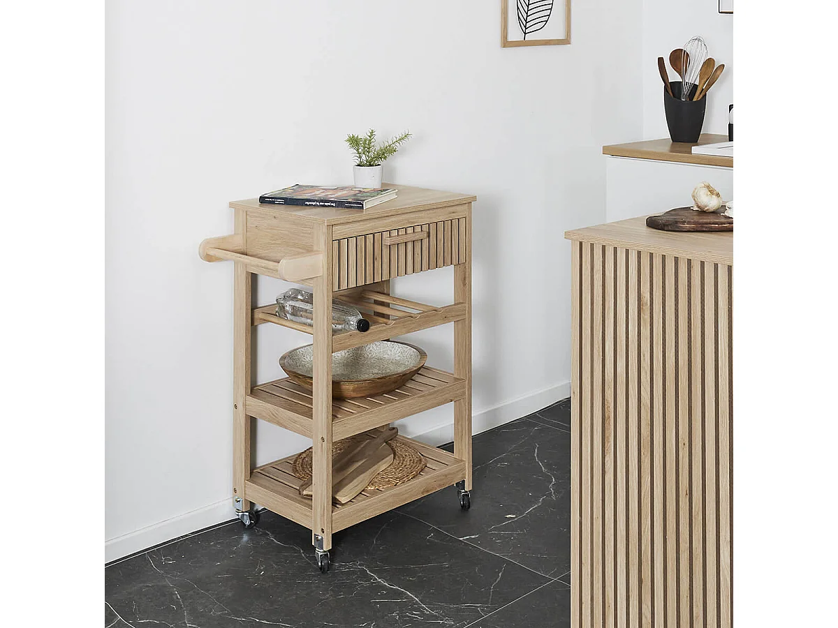 PAJAN - Desserte de Cuisine Multi-Rangement Effet Bois avec Tasseaux