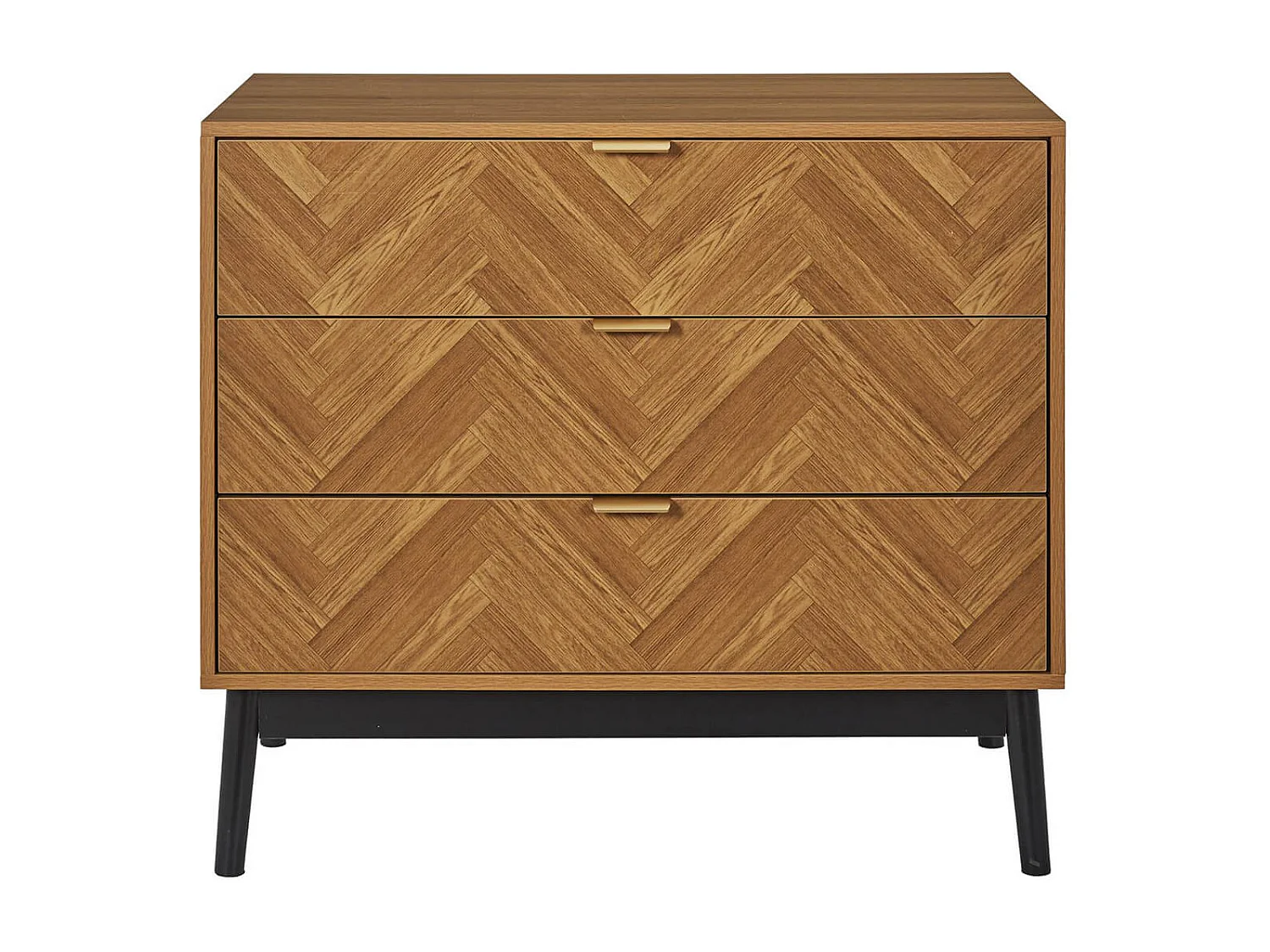 SIXTYS - Commode 3 Tiroirs Aspect Bois Décor Chevrons Piétement Noir