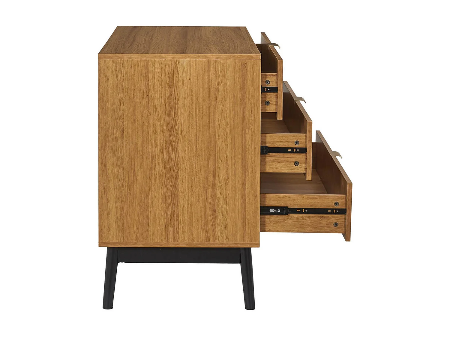 SIXTYS - Commode 3 Tiroirs Aspect Bois Décor Chevrons Piétement Noir