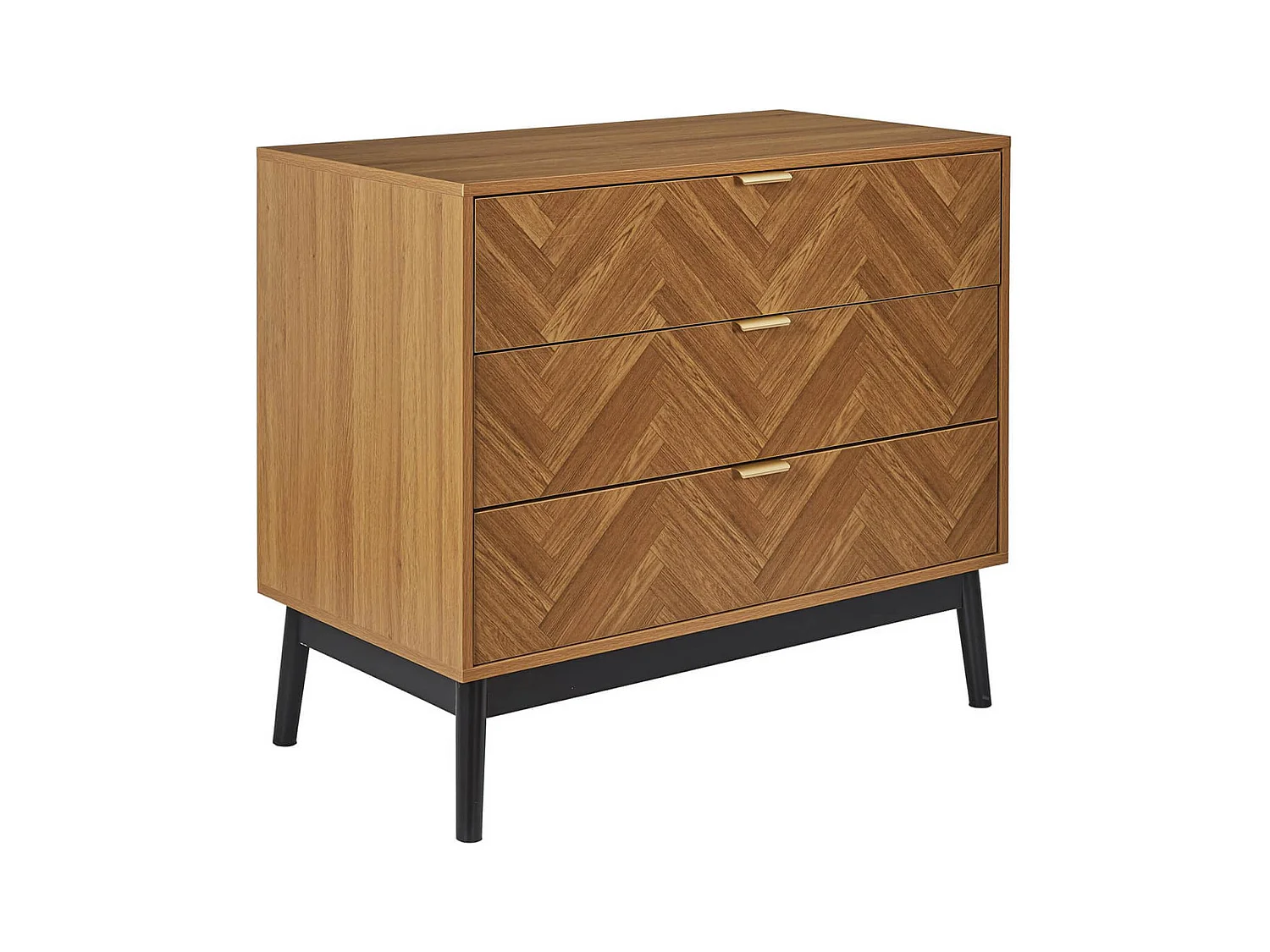 SIXTYS - Commode 3 Tiroirs Aspect Bois Décor Chevrons Piétement Noir