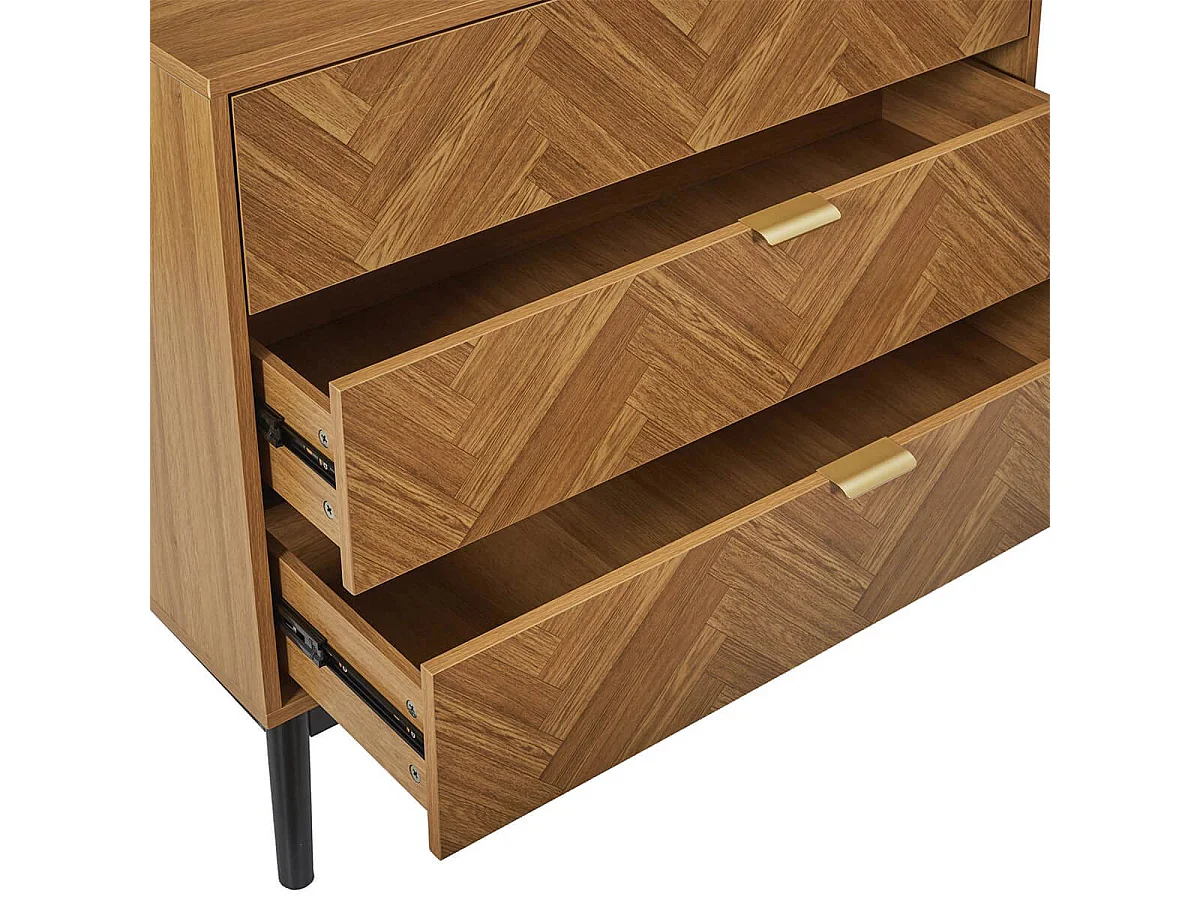 SIXTYS - Commode 3 Tiroirs Aspect Bois Décor Chevrons Piétement Noir