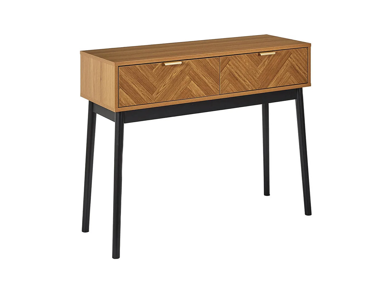 SIXTYS - Console 2 Tiroirs Aspect Bois Décor Chevrons Piétement Noir