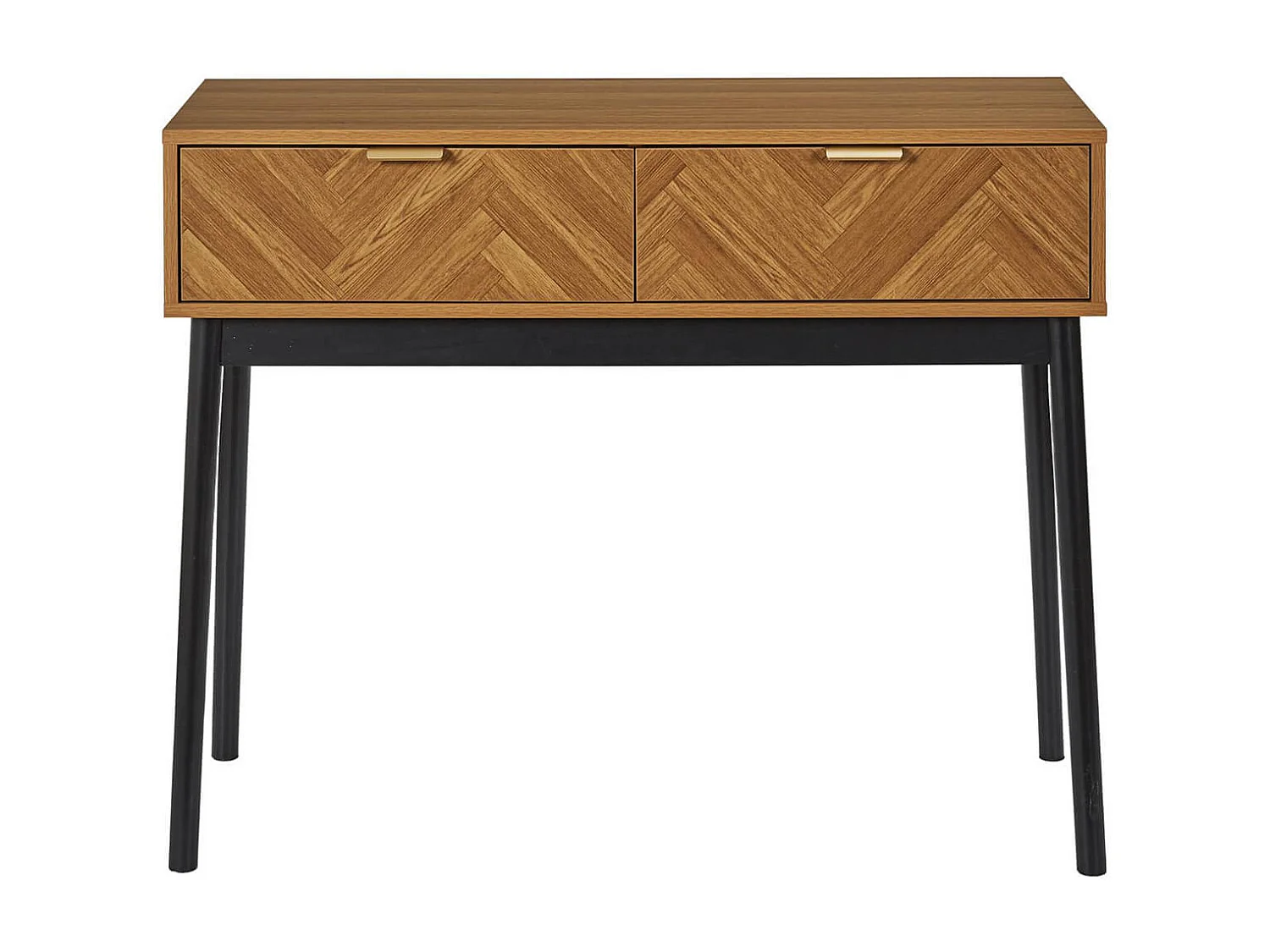 SIXTYS - Console 2 Tiroirs Aspect Bois Décor Chevrons Piétement Noir