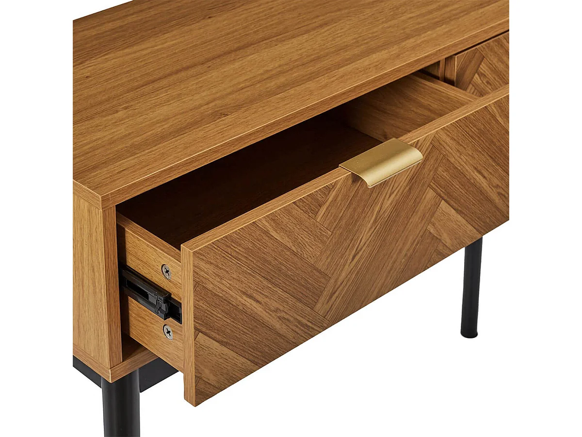 SIXTYS - Console 2 Tiroirs Aspect Bois Décor Chevrons Piétement Noir