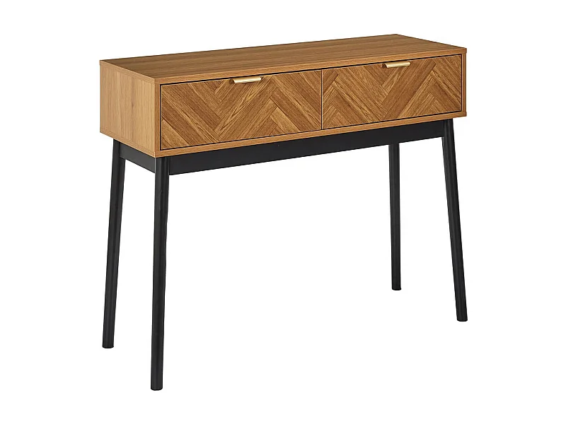 SIXTYS - Console 2 Tiroirs Aspect Bois Décor Chevrons Piétement Noir