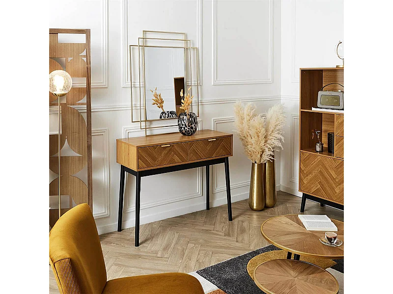 SIXTYS - Console 2 Tiroirs Aspect Bois Décor Chevrons Piétement Noir