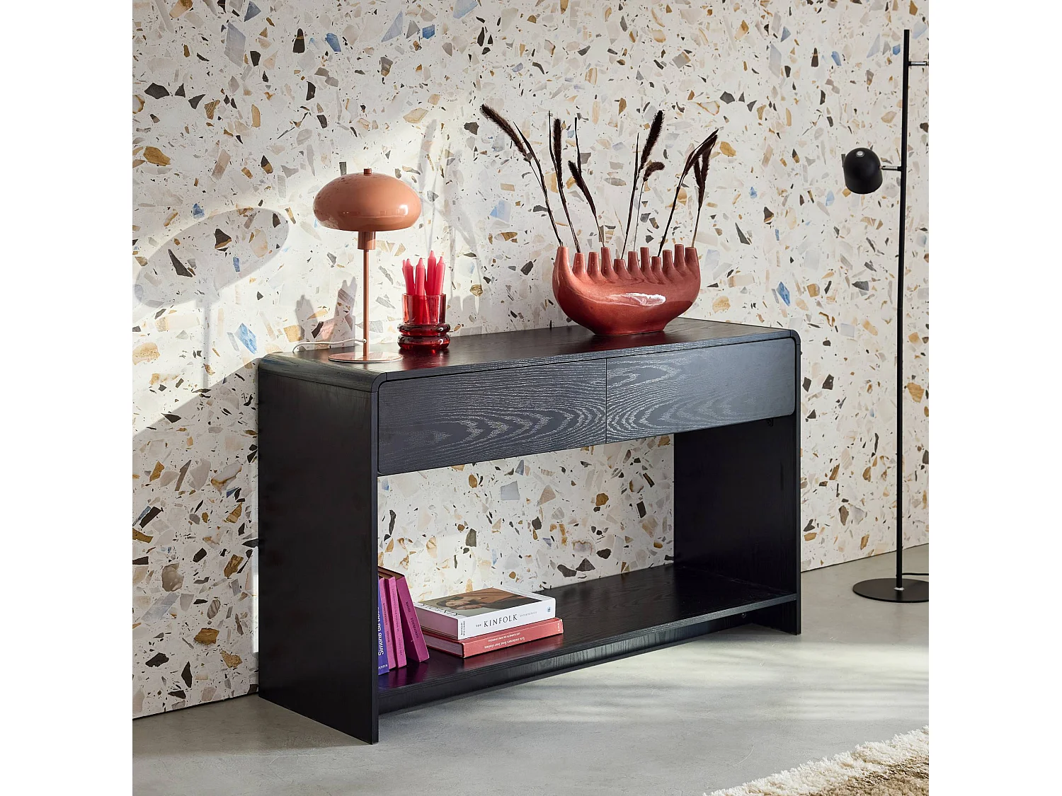 Consola efecto madera redondeada 2 cajones negro