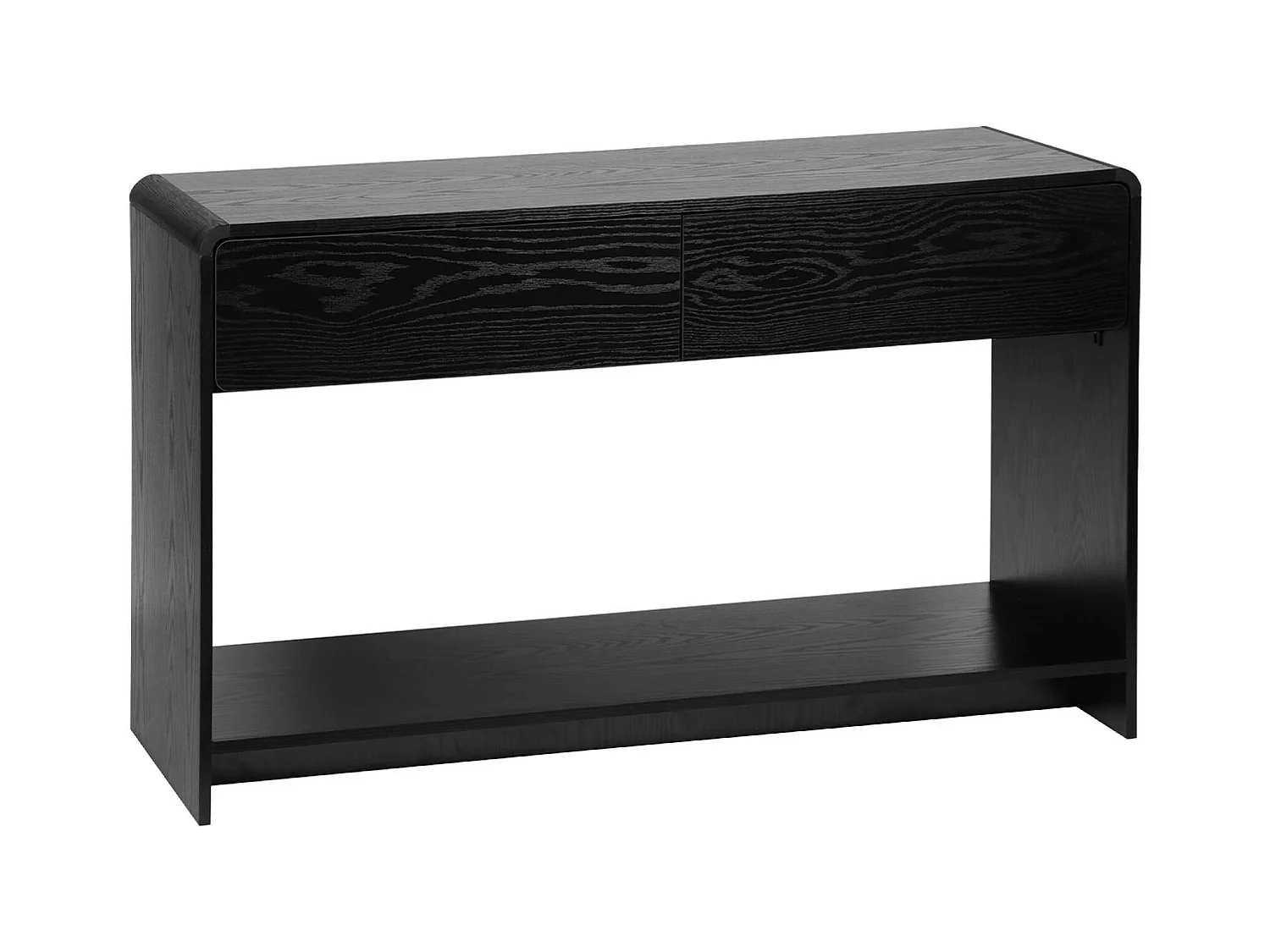 Console 2 tiroirs. 1 étagère. effet bois noir arrondi