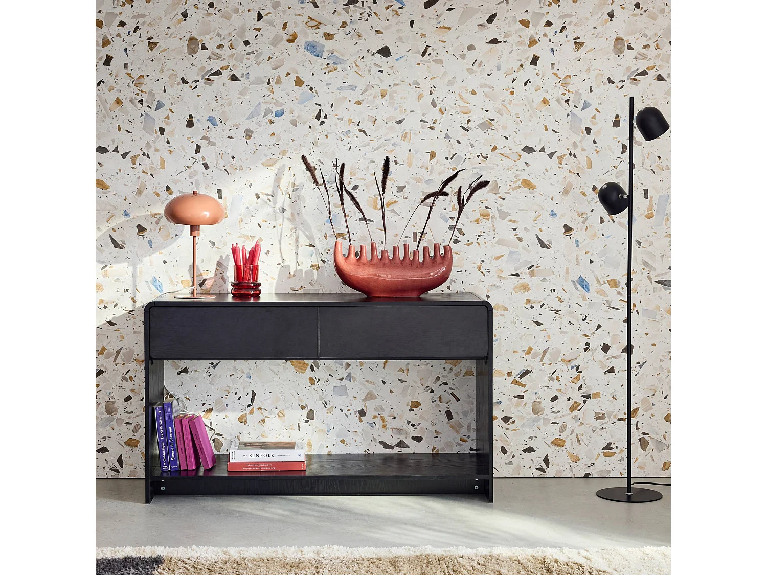 Consola efecto madera redondeada 2 cajones negro