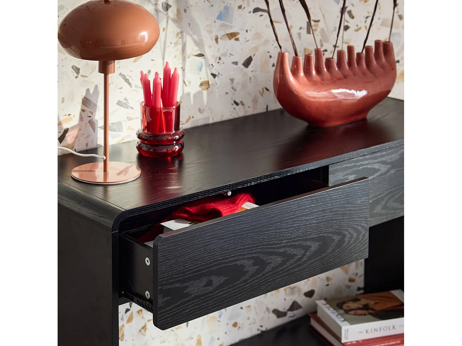 Consola efecto madera redondeada 2 cajones negro