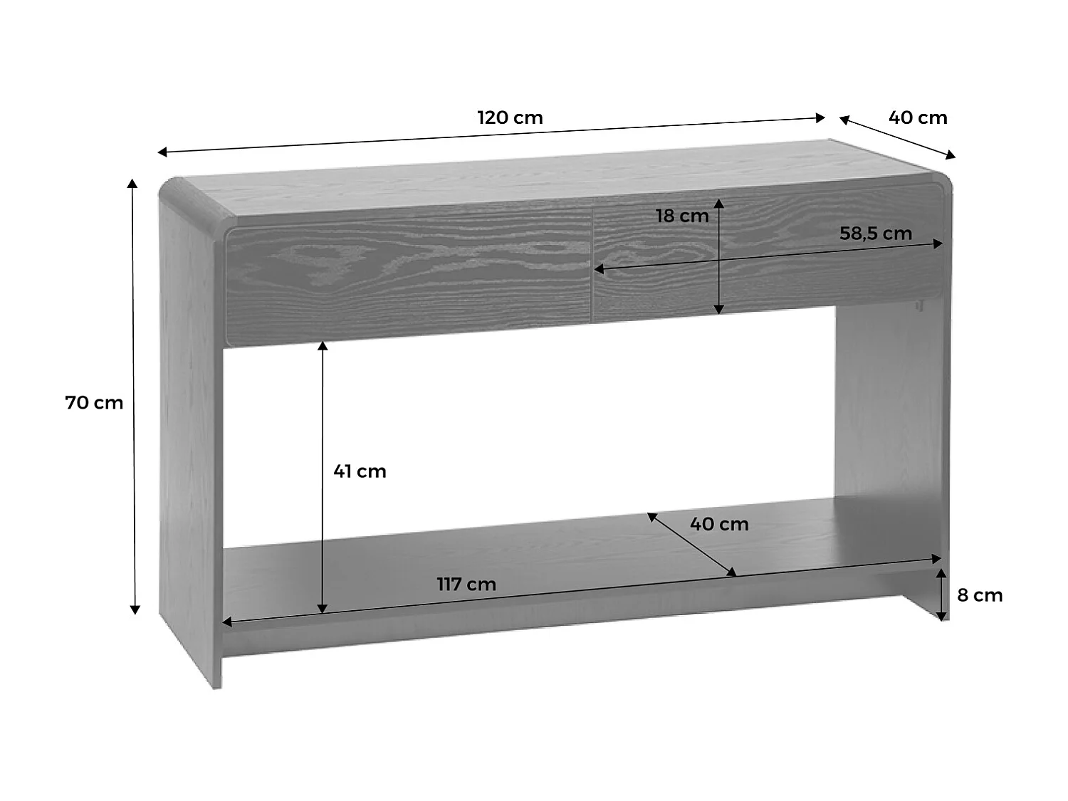 Consola efecto madera redondeada 2 cajones negro