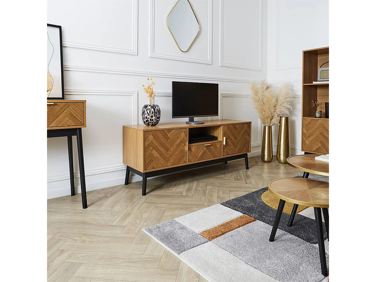 SIXTYS - Meuble TV 2 Portes et 1 Tiroir Aspect Bois Décor Chevrons Piétement Noir