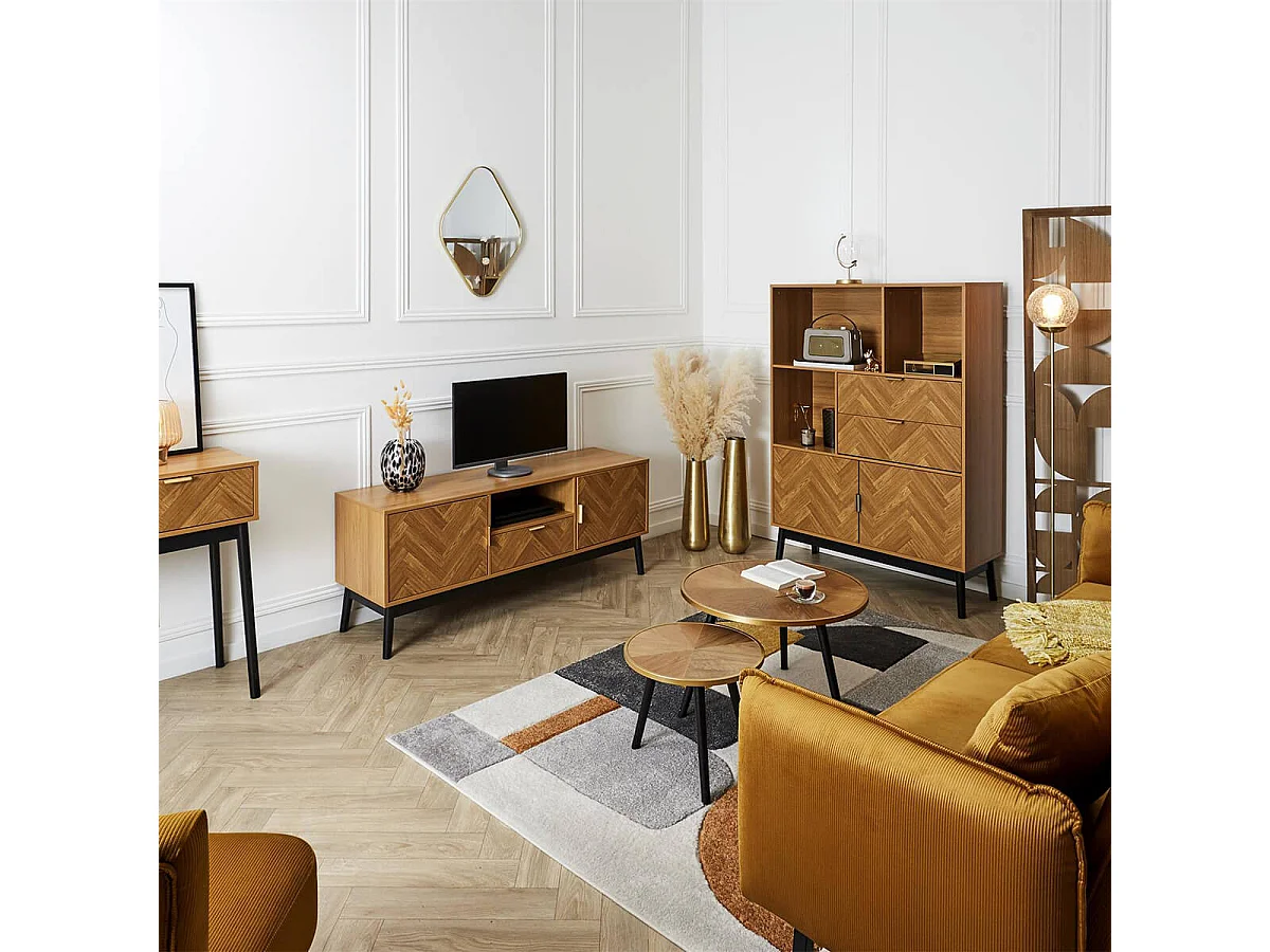 SIXTYS - Meuble TV 2 Portes et 1 Tiroir Aspect Bois Décor Chevrons Piétement Noir