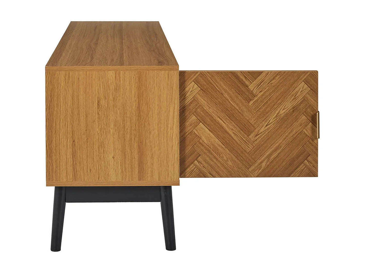 SIXTYS - Meuble TV 2 Portes et 1 Tiroir Aspect Bois Décor Chevrons Piétement Noir