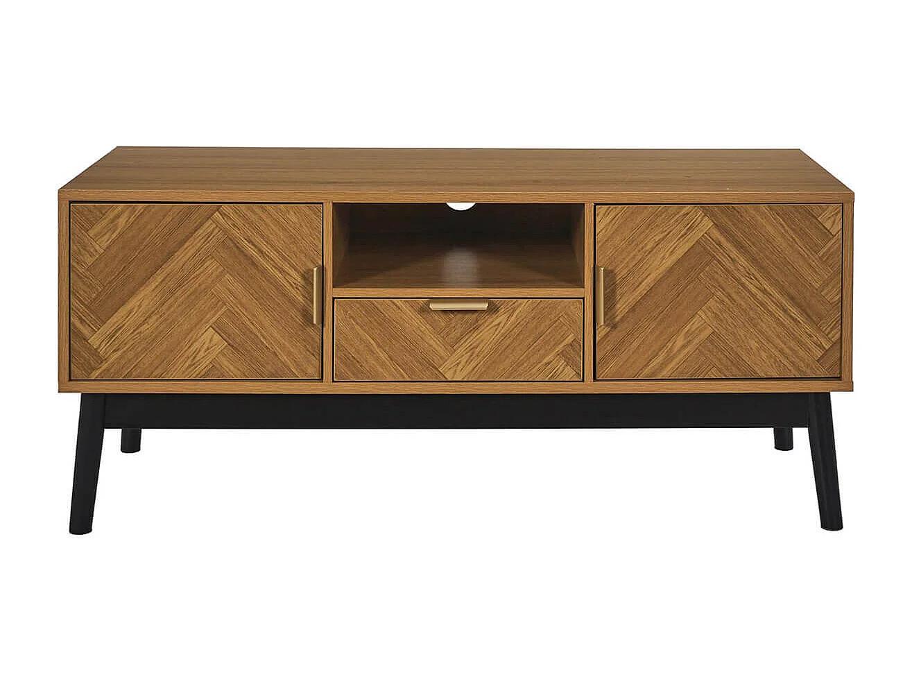 SIXTYS - Meuble TV 2 Portes et 1 Tiroir Aspect Bois Décor Chevrons Piétement Noir