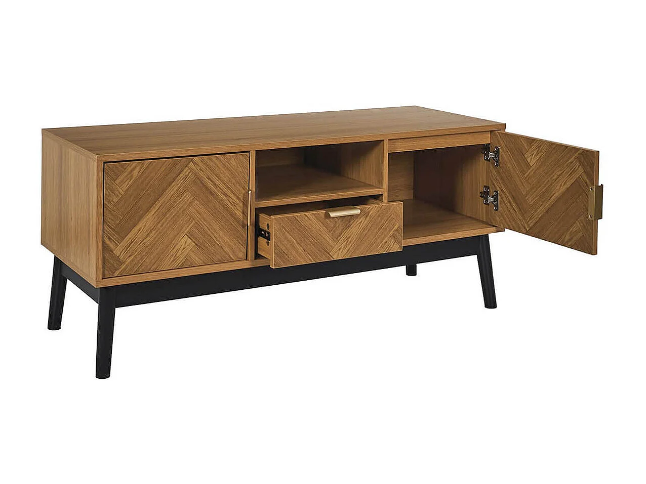 SIXTYS - Meuble TV 2 Portes et 1 Tiroir Aspect Bois Décor Chevrons Piétement Noir