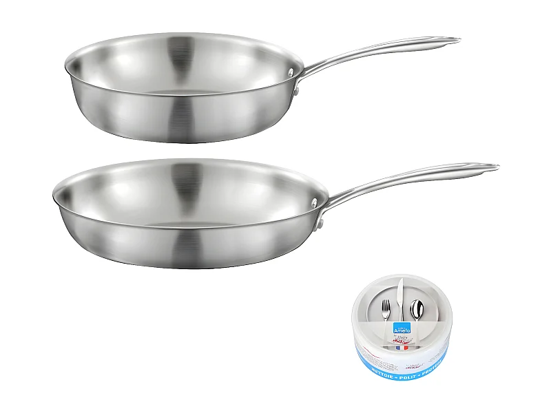 Gourmet - Lot de 1 poêle inox 28 cm, 1 sauteuse inox 24 cm, 1 pierre d'argent® citron 300 g pour l'entretien de l'inox