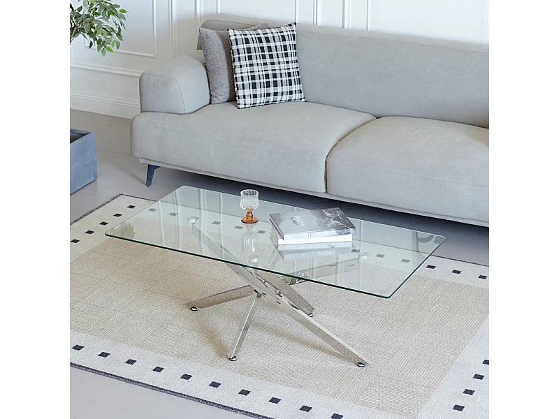 Table basse L. 120 cm en verre trempé et piètement métal chromé - ICE