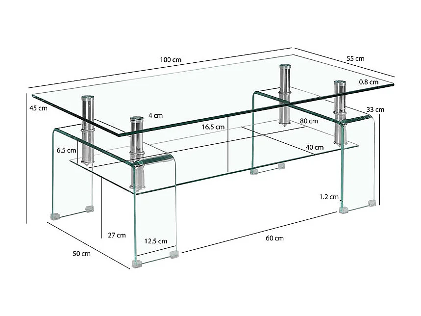 Table basse L. 100 cm avec double plateau en verre trempé - ICE