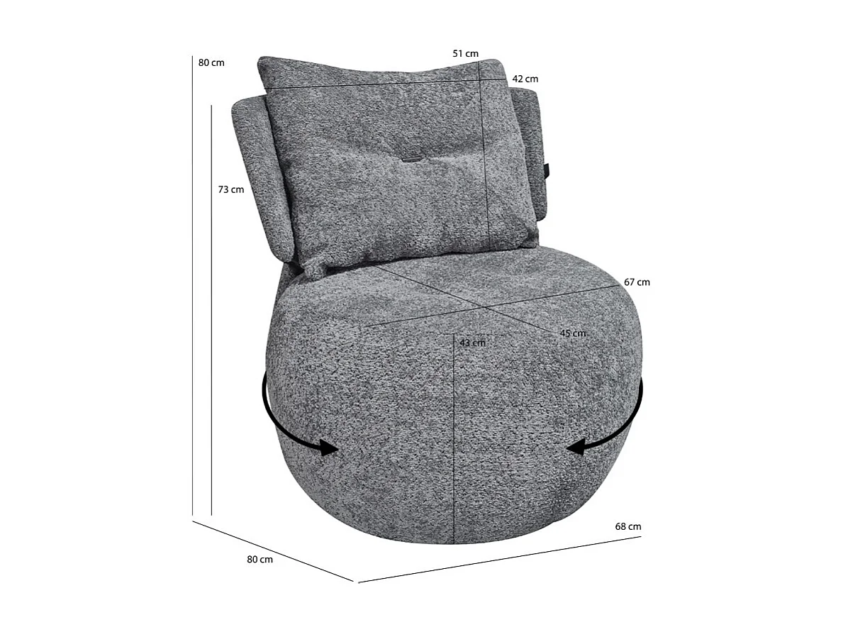 Fauteuil pivotant 360° en tissu gris avec coussin amovible - ERNESTO