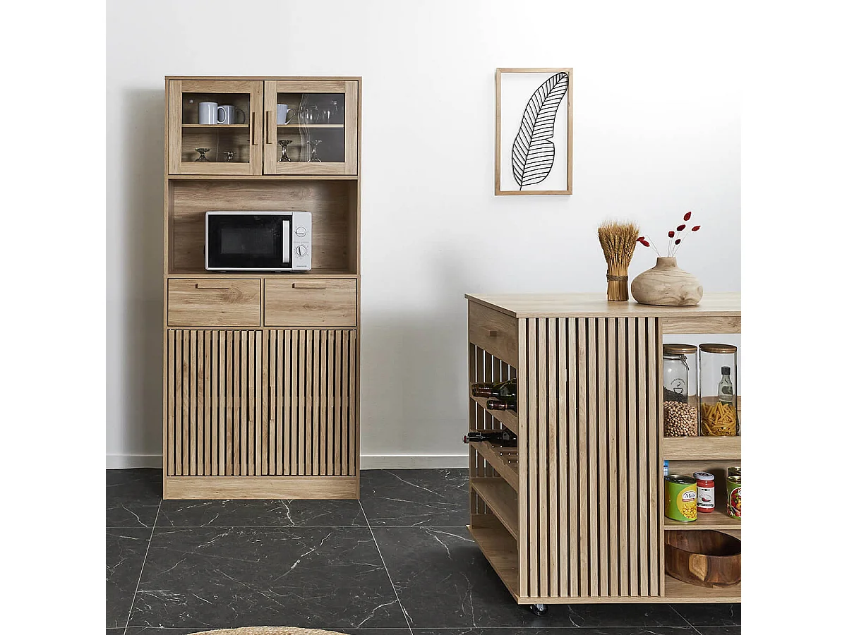 PAJAN - Buffet Vaisselier Multi-Rangement Effet Bois avec Tasseaux