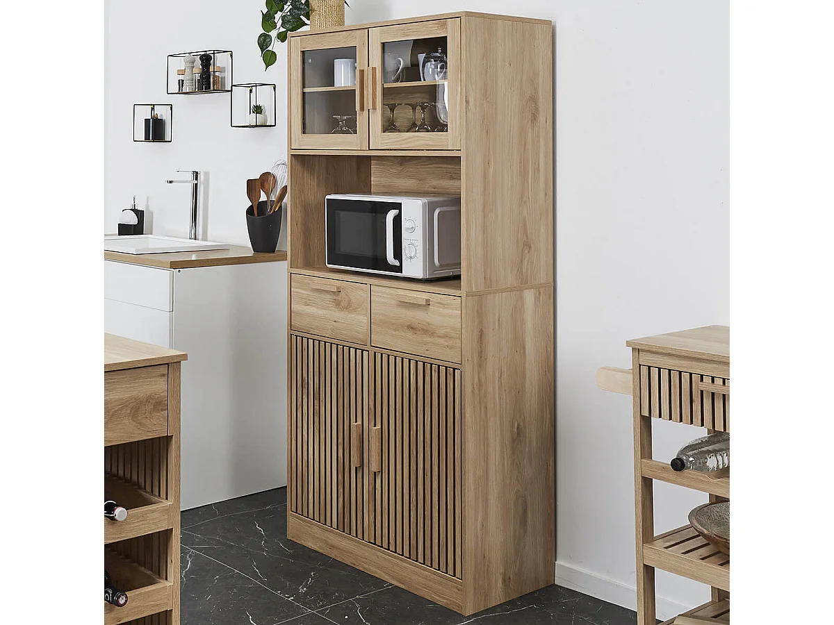 PAJAN - Buffet Vaisselier Multi-Rangement Effet Bois avec Tasseaux