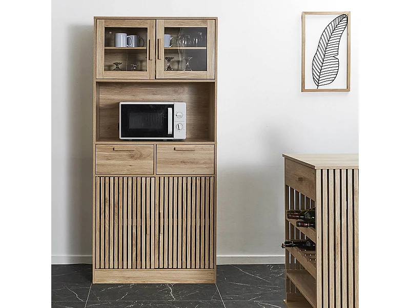 PAJAN - Buffet Vaisselier Multi-Rangement Effet Bois avec Tasseaux