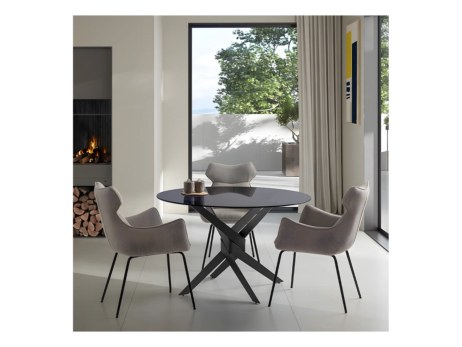 Dravon - Table à manger 4 personnes en verre trempé et métal - Noir