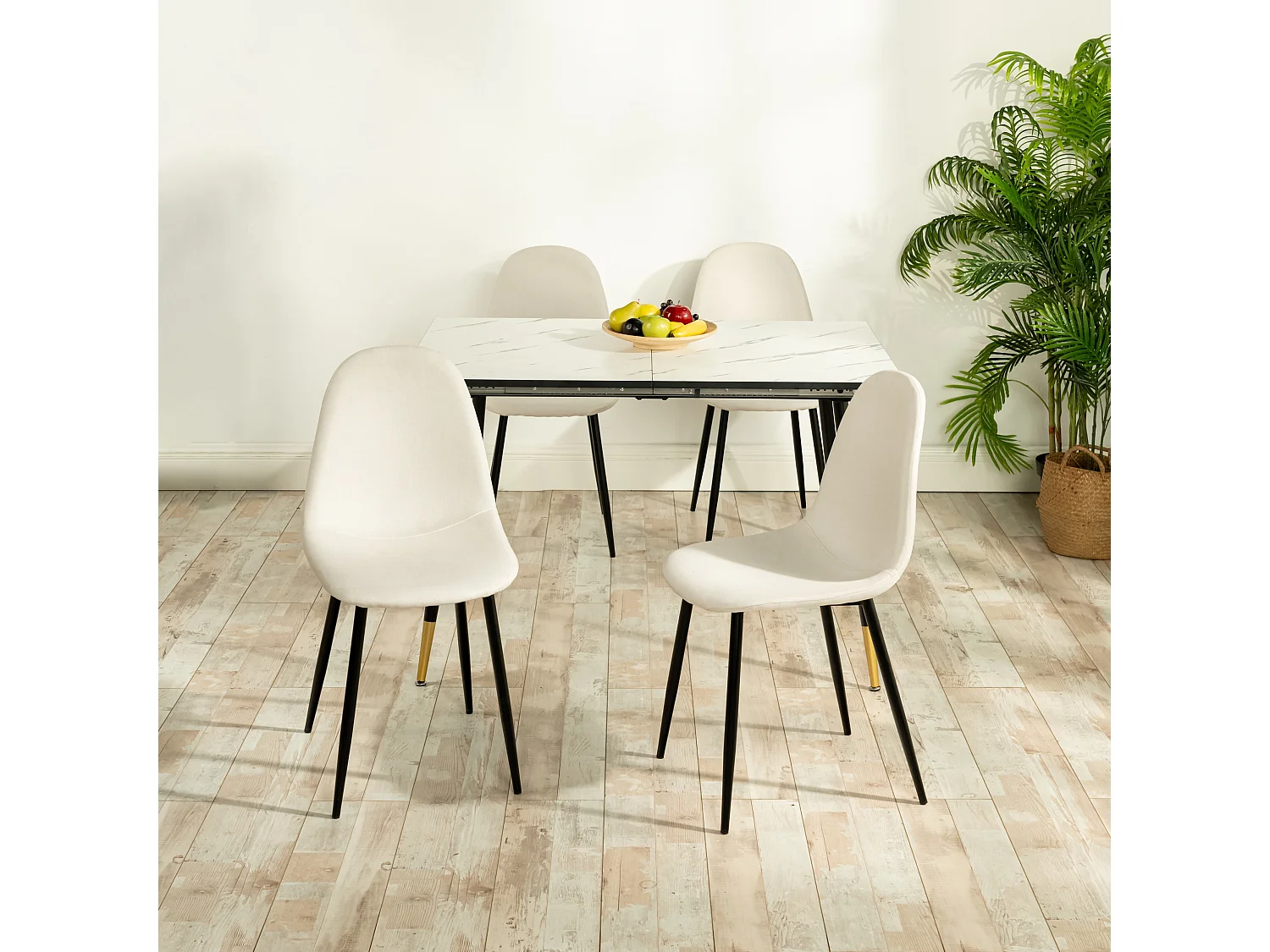 URBAN MEUBLE Ensemble table extensible 120-160 effet marbre blanc et 4 chaises style scandinaves blanches cassées