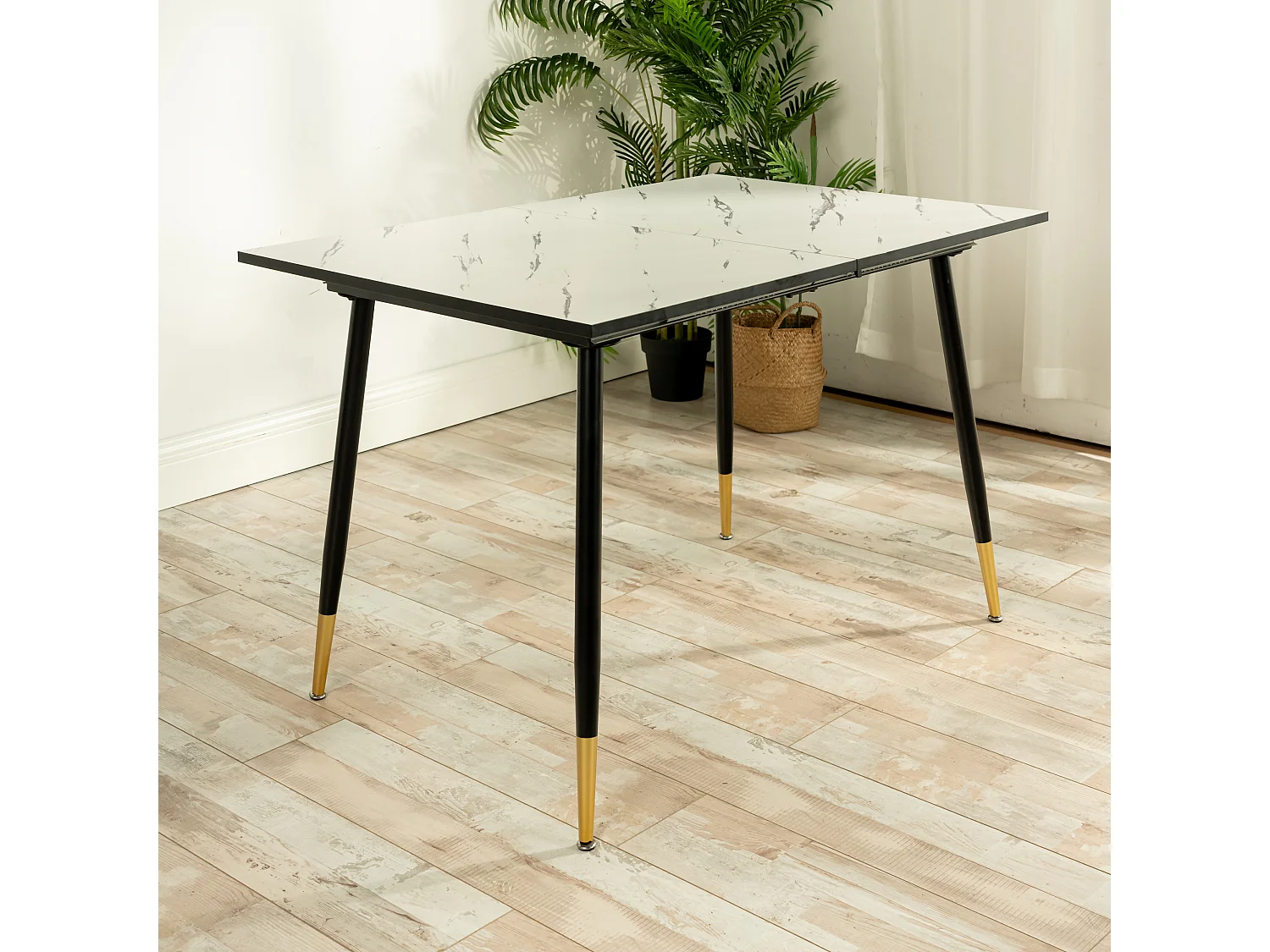 URBAN MEUBLE Ensemble table extensible 120-160 effet marbre blanc et 4 chaises style scandinaves blanches cassées