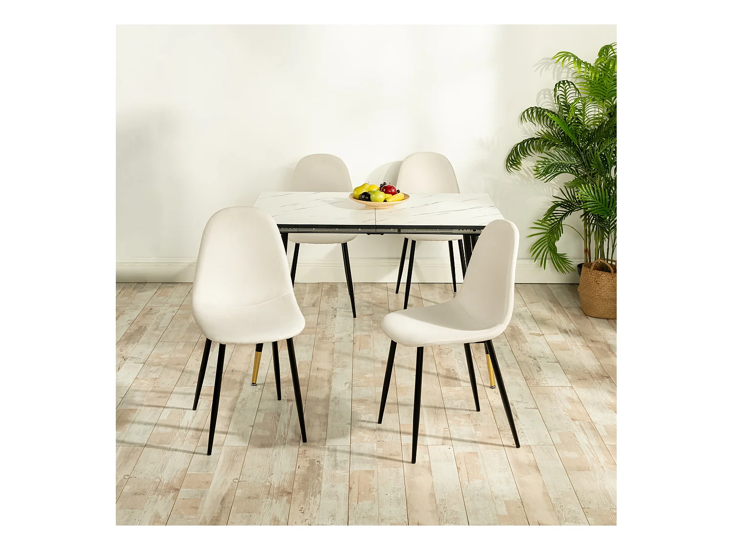 URBAN MEUBLE Ensemble table extensible 120-160 effet marbre blanc et 4 chaises style scandinaves blanches cassées