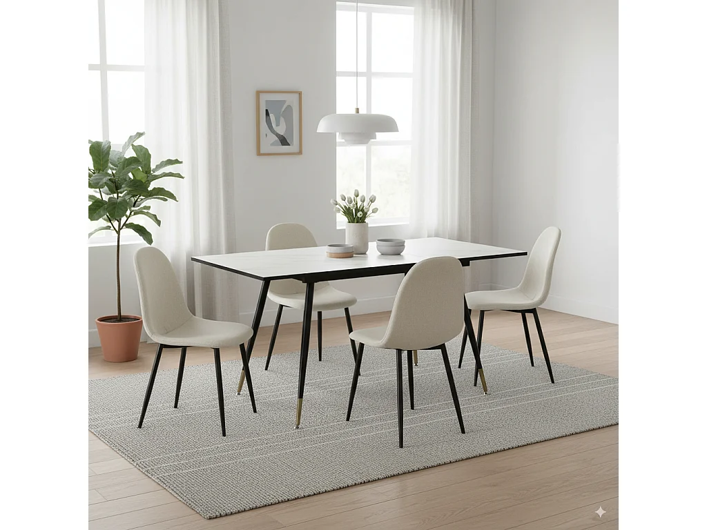 URBAN MEUBLE Ensemble table extensible 120-160 effet marbre blanc et 4 chaises style scandinaves blanches cassées