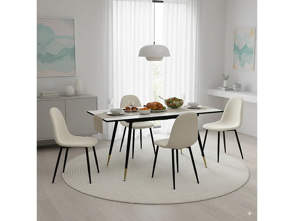 URBAN MEUBLE Ensemble table extensible 120-160 effet marbre blanc et 4 chaises style scandinaves blanches cassées
