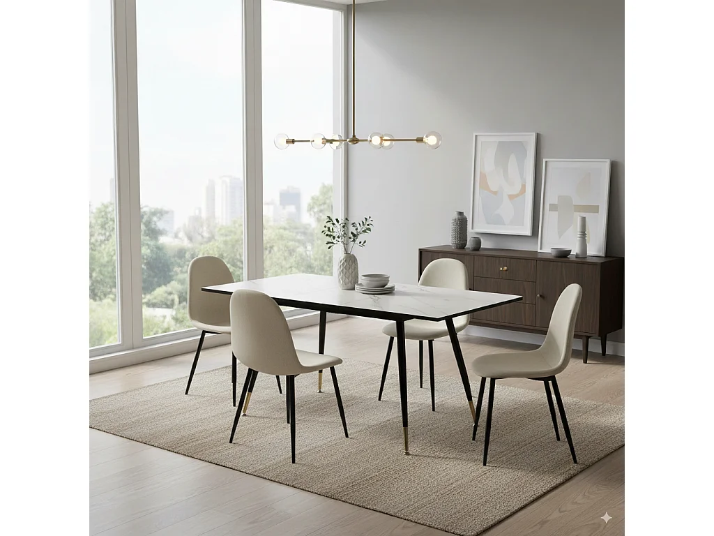 URBAN MEUBLE Ensemble table extensible 120-160 effet marbre blanc et 4 chaises style scandinaves blanches cassées