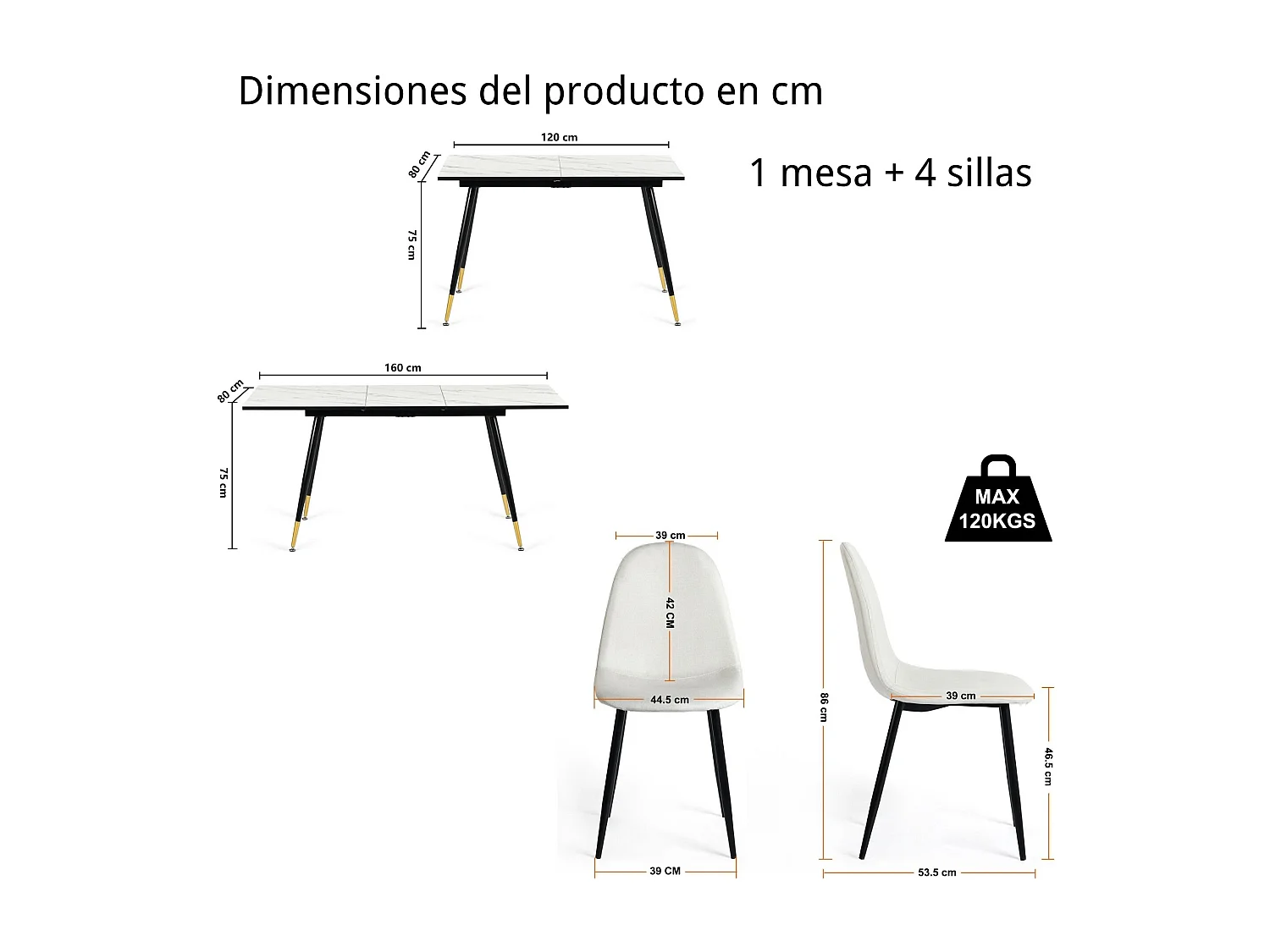 URBAN MEUBLE Ensemble table extensible 120-160 effet marbre blanc et 4 chaises style scandinaves blanches cassées