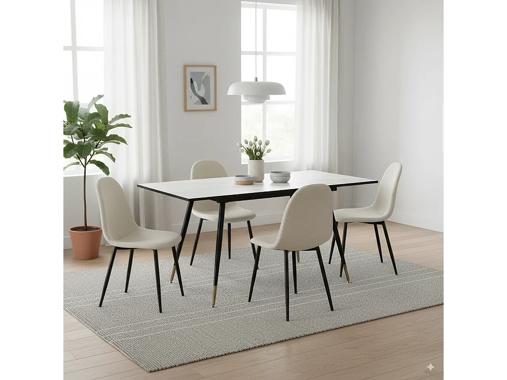 URBAN MEUBLE Ensemble table extensible 120-160 effet marbre blanc et 4 chaises style scandinaves blanches cassées