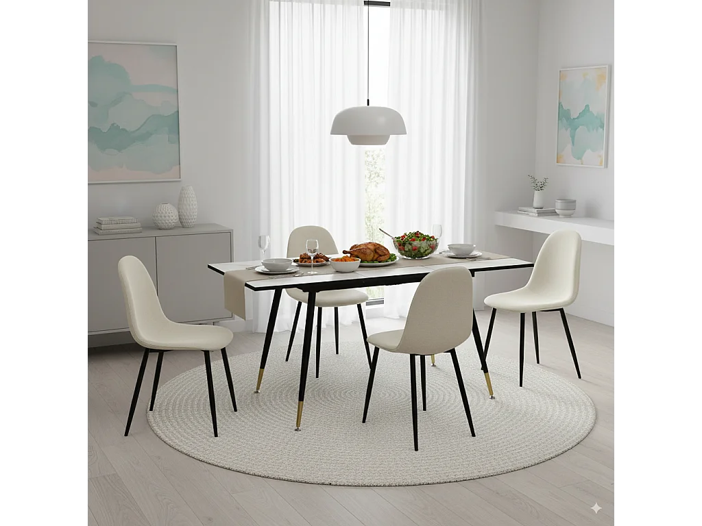 URBAN MEUBLE Ensemble table extensible 120-160 effet marbre blanc et 4 chaises style scandinaves blanches cassées