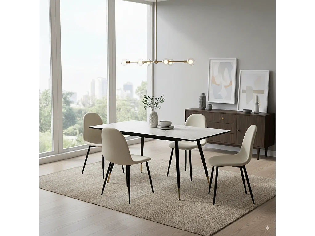 URBAN MEUBLE Ensemble table extensible 120-160 effet marbre blanc et 4 chaises style scandinaves blanches cassées