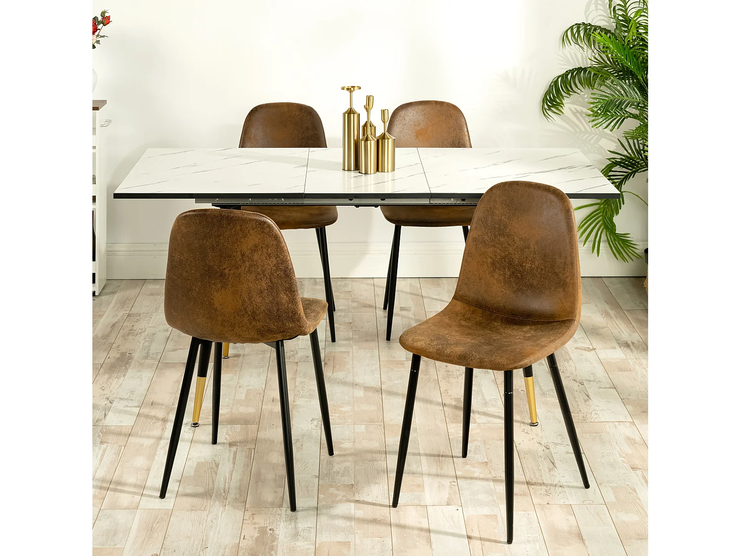 URBAN MEUBLE Ensemble table extensible effet marbre blanc 120-160 et 4 chaises style scandinave retro