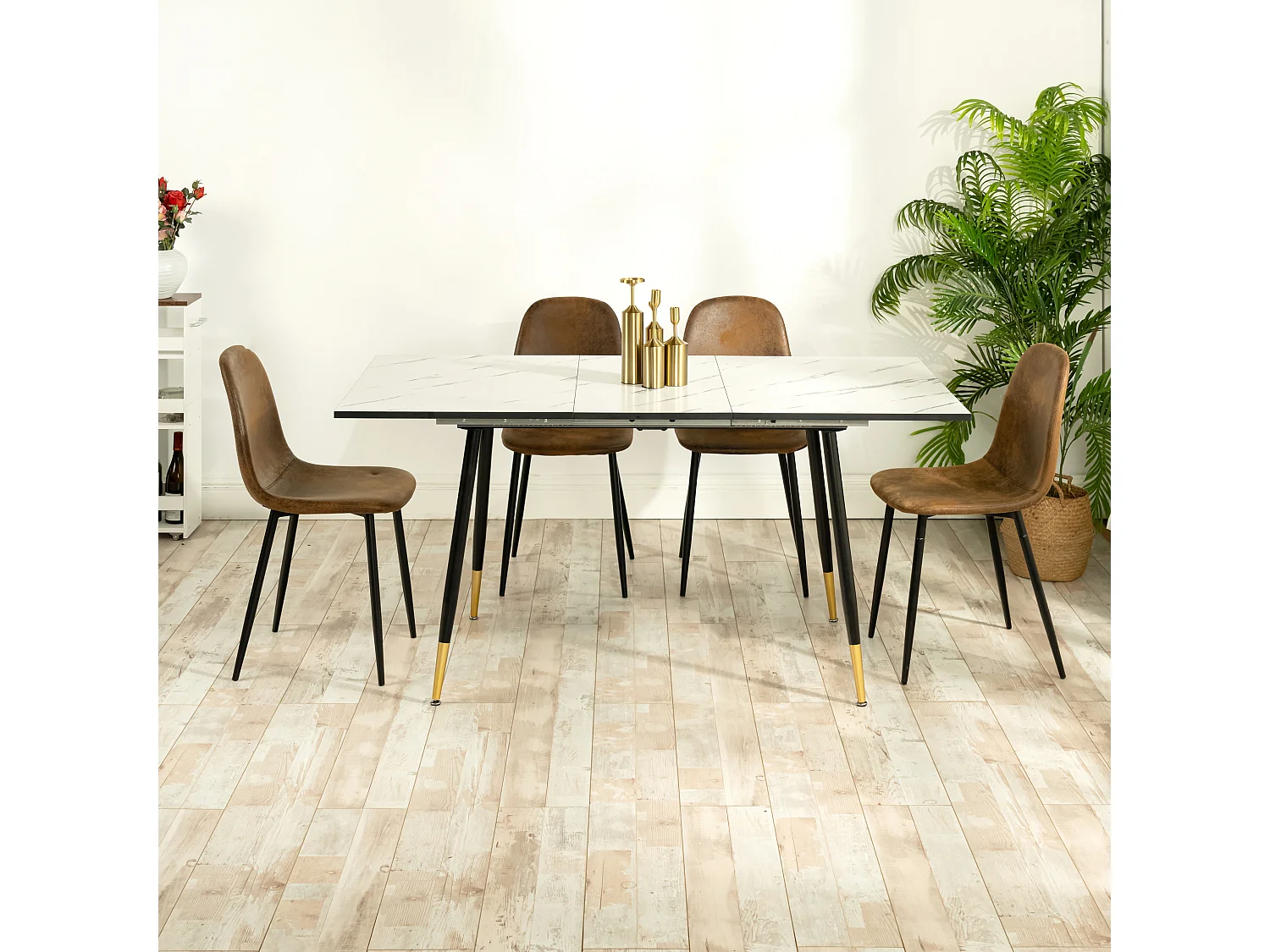 URBAN MEUBLE Ensemble table extensible effet marbre blanc 120-160 et 4 chaises style scandinave retro