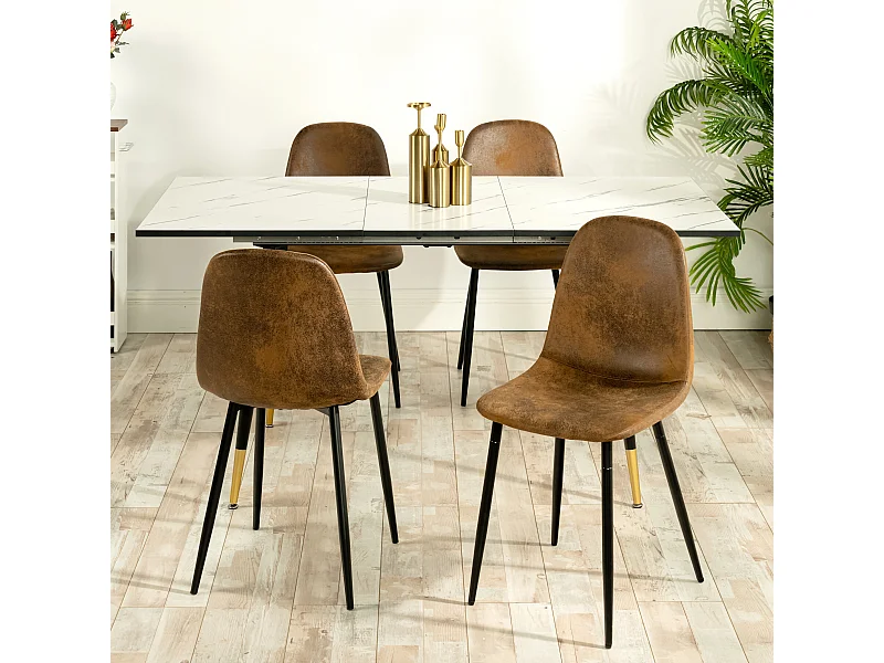 URBAN MEUBLE Ensemble table extensible effet marbre blanc 120-160 et 4 chaises style scandinave retro