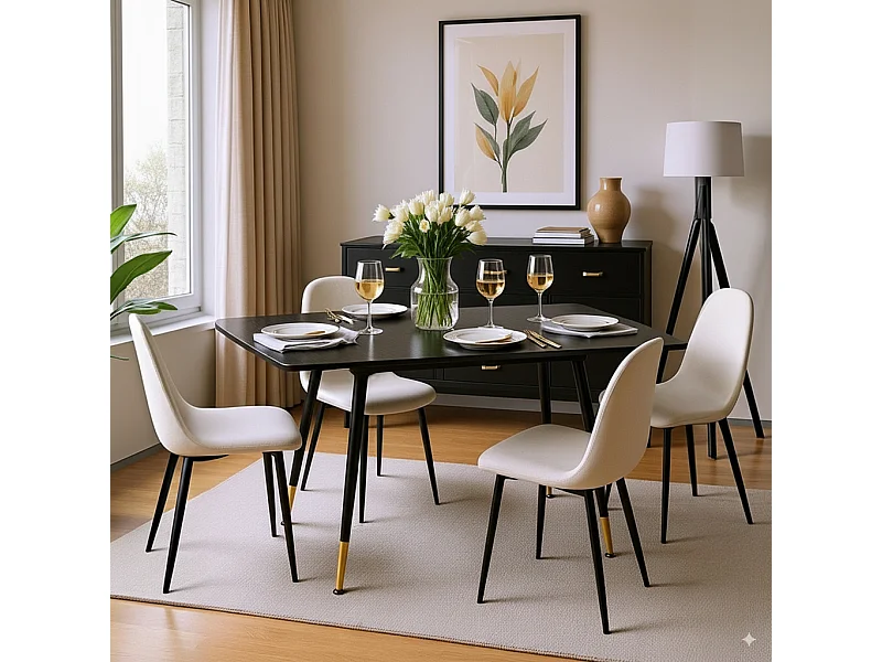 URBAN MEUBLE Ensemble table extensible noir 120-160 et 4 chaises style scandinaves blanches cassées